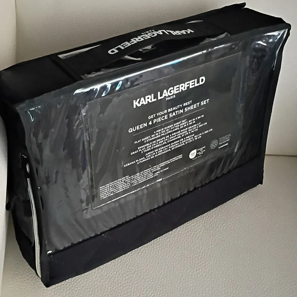 KARL LAGERFELD Queen 4 Piece Satin Sheet Set Black